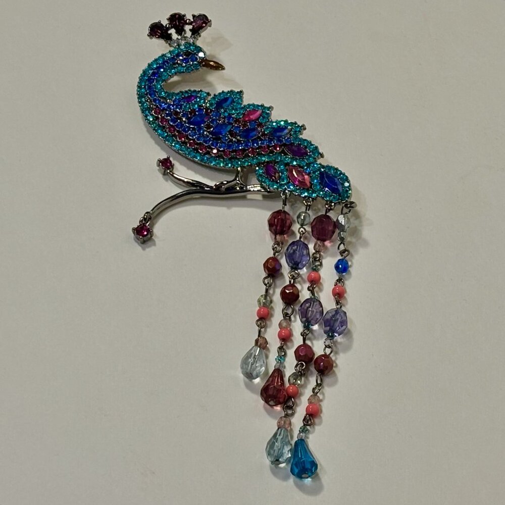 Vintage Avon SP Rhinestone Beaded Peacock Silver Plated Waterfall Brooch 7”